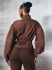 Denimoi Justerbar midja tvåvägs dragkedja jacka modejackor höstoutfits It Girl moderiktig kort modell - Brun - Visa 2