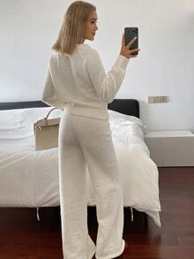 Livesso Women's 2 Pieces Set: White Round Neck Long Sleeve Knit Sweater And High-Waist Slim Fit Ribbed Knit Pants, Autumn/Winter - White - View 2