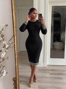 SHEIN Lady CURVE فستان أنيق بطبعة هندسية بياقة دائرية وأكمام طويلة مقاس كبير - الأسود - مشاهدة 3