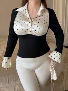 Dazy Plus Black Fitted Long Sleeve T-Shirt With Collar, Patchwork Polka Dot Print, 2 In 1 Design And Flared Cuffs - Black - View 2