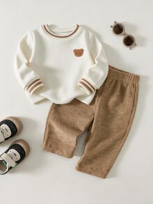Kids Infant Boys Elastic Ribbed Pullover Long Sleeve Sweatshirt + Corduroy Long Pants Set - Multicolor - View 5