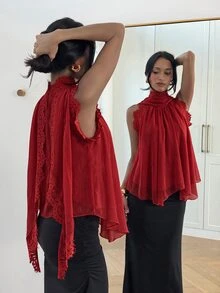 Aloruh 女款優雅雪紡蕾絲拼接荷葉領襯衫 - 紅色 - 查看 7