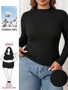 SHEIN CURVE+ Atasan Turtleneck Rajut Bergaris Pas Badan untuk Wanita Ukuran Besar, Kaos Campuran Katun untuk Musim Gugur/Dingin, Cocok untuk Ukuran 5XL-8XL - Hitam - View 1