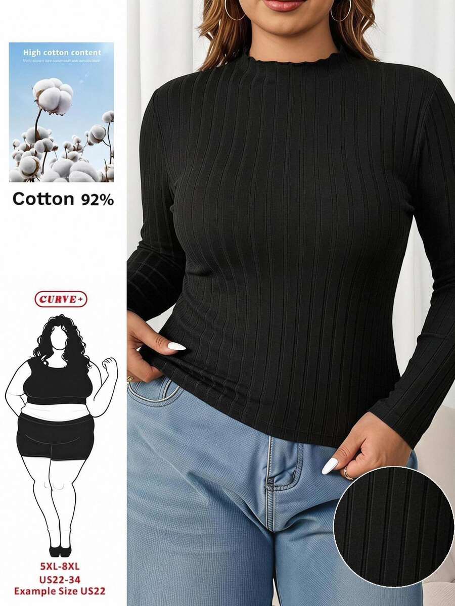SHEIN CURVE+ Atasan Turtleneck Rajut Bergaris Pas Badan untuk Wanita Ukuran Besar, Kaos Campuran Katun untuk Musim Gugur/Dingin, Cocok untuk Ukuran 5XL-8XL - Hitam - View 1