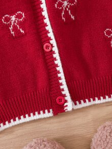 SHEIN Cardigan Rajut Leher V Motif Pita Lucu untuk Bayi Perempuan Warna Merah, Cocok untuk Musim Gugur/Dingin, Cocok untuk Liburan, Natal, Sweater, Gaya Musim Gugur Terbaru - MultiWarna - View 4