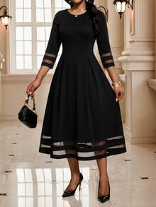 SHEIN Lady Women's Solid Color Round Neck Contrast Mesh 3/4 Sleeve Elegant Mid-Length Dress - White - View 6