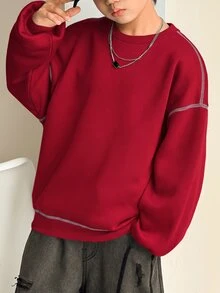 SHEIN Little Byeori 兒童青少年男孩休閒韓系寬鬆撞色圓領運動衫，適合學校、日常休閒穿著、運動，秋冬款 - 紅色 - 查看 4