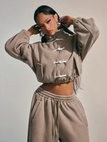 Denimoi Washed Sweatshirt Zip Front Sweats High Neck Pankou Buttons Knotted Button Loungewear Airport, Comfy Daily, Co-Ord Set - Grey - View 5