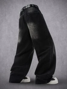 Manfinity Denimwave 男士復古水洗黑寬腿鬆垮牛仔褲，寬鬆休閒街頭風長版牛仔長褲 - 黑色 - 查看 2
