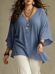 Ceyna Blus Wanita Ukuran Besar Gaya Prancis Kasual Elegan Leher V Lengan 3/4 - Baby Blue - View 3
