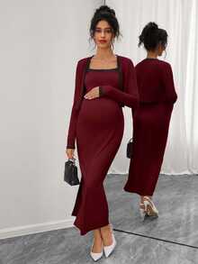 Momance Maternity Striped Colorblock Side Slit Spaghetti Strap Dress With Long Sleeve Cardigan 2 Pieces Set - Burgundy - View 4