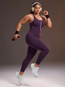 Powerista Jumpsuit Olahraga Tanpa Lengan dengan Resleting Depan dan Bagian Belakang Berongga untuk Wanita Ukuran Plus - Purple - View 4