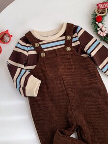 LMoss Kids Baby Boy Striped Sweatshirt + Vintage Brown Corduroy Overalls Set - Multicolor - View 5