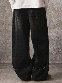 ROMWE MEN Street Life Vintage Retro Washed Denim Fashion Cat Whisker Heavy Embroidery Versatile Jeans - Black - View 3