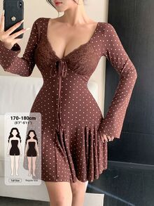 Dazy Tall Women's Deep V-Neck Polka Dot Sexy Casual Short Dress Fall - Brown - View 1