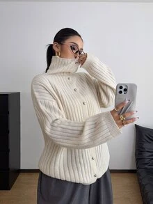 POPSWAY كارديجان محبوك كاجوال للنساء بمقاسات كبيرة، لون موحد، أكتاف منخفضة، أكمام طويلة، صف واحد من الأزرار - لون مشمشي - مشاهدة 1