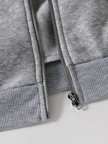 SHEIN Autumn/Winter Girls' Hooded Zip-Up Jacket - Mixed Street Style, Rhinestone Sweatshirt Knit Fabric Suitable For Autumn/Winter, Slightly Oversized Fit With Growth Room, Campus To Street Instant Transformation Into Energetic Girl! - Grey - View 6