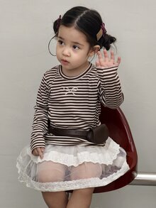 DAZY Baby Girl Round Neck Striped Bow Embroidery Long Sleeve Top - Black and White - View 1