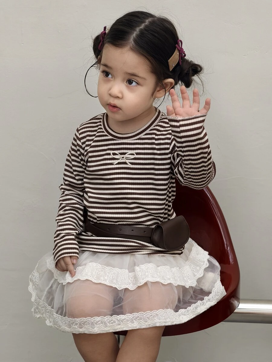 DAZY Baby Girl Round Neck Striped Bow Embroidery Long Sleeve Top - Black and White - View 1