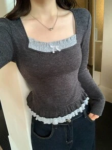 DAZY Women's Colorblock Ruffle Trim Polka Dot Long Sleeve Spring/Autumn Korean Style Aesthetic T-Shirt - Black - View 7