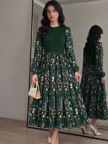 青少年女孩春季洋裝 田園風 綠色拼接花卉長袖洋裝 羅紋腰部 泡泡袖 派對 Sweet 16 優雅可愛 - 墨綠色 - 查看 1