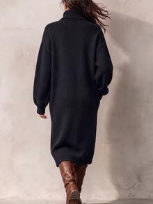 LUMIGAL Women's Solid Color Split Design Casual Party Knit Dress - Black - View 2
