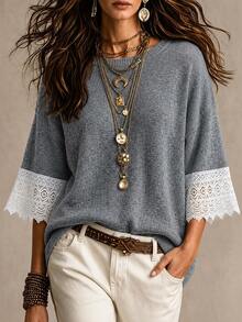 LUMIGAL Autumn/Winter New Round Neck Lace Patchwork Loose Fit Versatile Knit Top - Dark Grey - View 2