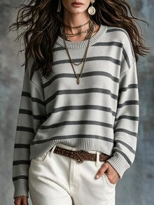 SHEIN Unity 條紋圖案圓領套頭長袖落肩毛衣，適合日常穿著 - 淺灰色 - 查看 4