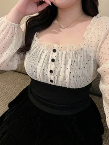Dazy Plus Colorblock Patchwork Chiffon Polka Dot Sexy Korean Style Long Sleeve Design T-Shirt - Black - View 6