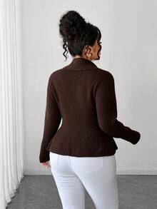 Elenzga Plus Size Women's Solid Color Casual Versatile Daily Cardigan - Coffee Brown - View 2