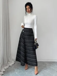 Elenzga Women's Autumn/Winter Vintage Plaid Tweed Skirt With Metal Buttons, Asymmetric Front Placket, Draped A-Line Silhouette - Black and White - View 5