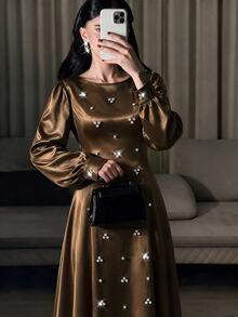 Yasmyna Women Spring Fall Winter Elegant Slim Fit Modest Dark Brown Satin Round Neck Beaded Rhinestone Long Sleeve Fitted Waist Flowy MaxiDressForBanquetParty - Coffee Brown - View 4