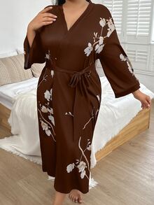 SHEIN 大尺碼優雅黑色花卉印花繫帶長款夏季睡袍，適用秋季、冬季 - 棕色 - 查看 4