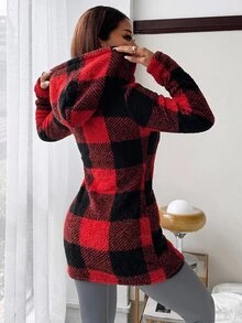 SHEIN EZwear 格子毛絨女款長袖連帽休閒外套 秋冬款 - 紅色 - 查看 2