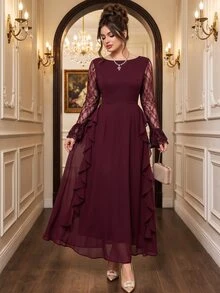 Roveilla Gaun Panjang Wanita Ukuran Besar Elegan Bergaya Vintage Romantis untuk Pesta Pernikahan, Bahan Chiffon Warna Polos, Leher Bulat, Lengan Berenda Kontras, Desain Ruffle, Musim Gugur/Dingin - Burgundy - View 4