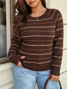 Easura Plus Size Casual Crew Neck Loose Fit Women's Pullover Sweater - Brown - View 7
