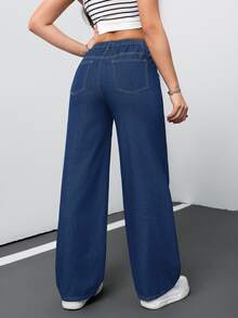 SHEIN Tall CURVE 大尺碼女款寬鬆寬腿休閒百搭牛仔褲，附口袋 - 中等水洗藍 - 查看 2