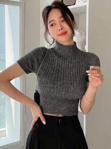DAZY 女款純色立領短袖休閒針織上衣 - 深灰色 - 查看 7