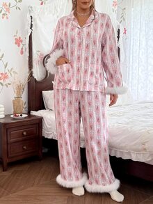 CottageSlumber Plus Size Women's Romantic Pajama Set With Pink Foundation, Bow, Rose Print, Cuffed Sleeves And Hems, Fur Trim, Front Button Closure And Patch Pockets, Long Sleeve Long Pants - Pink - View 5