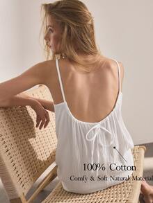 Ocili Women's Solid Color Pure Cotton Tie Strap Nightgown Loungewear Dress - White - View 1