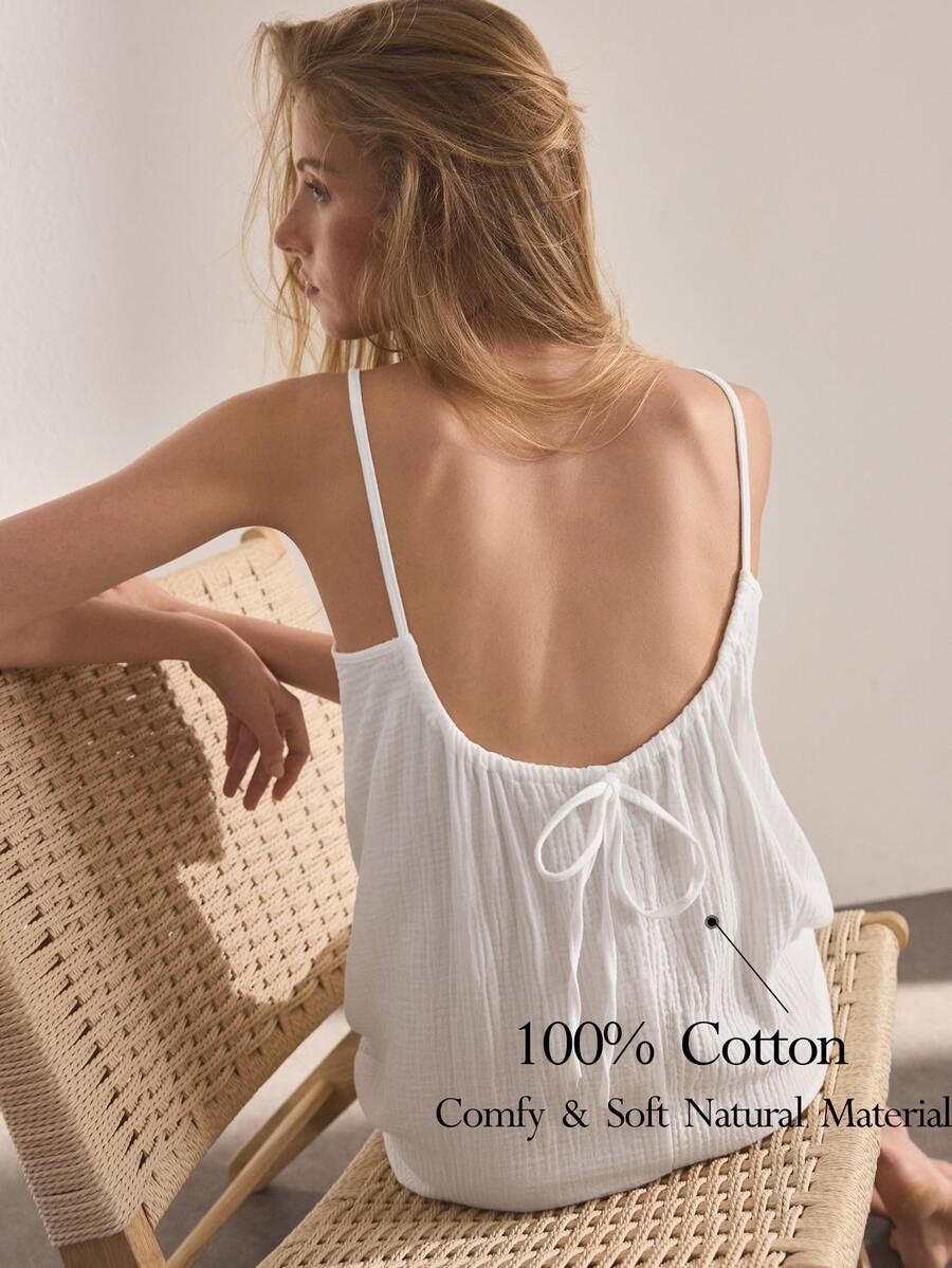 Ocili Women's Solid Color Pure Cotton Tie Strap Nightgown Loungewear Dress - White - View 1