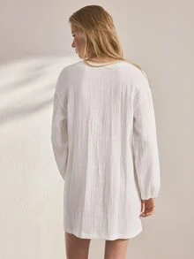 Ocili Women's Solid Color Pure Cotton Comfortable Minimalist Long Sleeve Nightgown Loungewear Dress - White - View 3