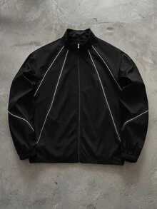 PAVTROS Jaket Pria Minimalis Warna Polos dengan Garis Reflektif, Pakaian Luar Bercahaya untuk Musim Gugur/Dingin - Hitam - View 1