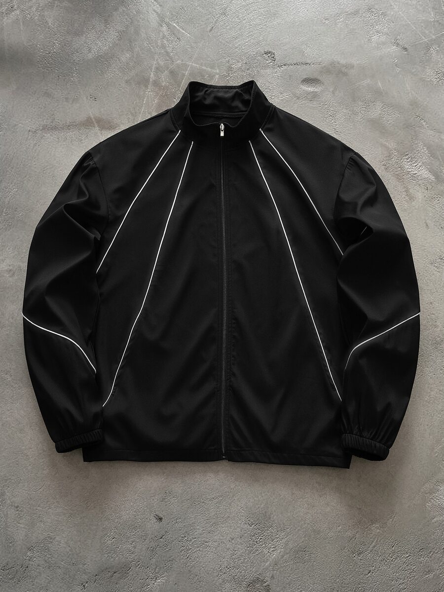 PAVTROS Jaket Pria Minimalis Warna Polos dengan Garis Reflektif, Pakaian Luar Bercahaya untuk Musim Gugur/Dingin - Hitam - View 1