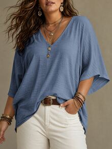 Ceyna Blus Wanita Ukuran Besar Gaya Prancis Kasual Elegan Leher V Lengan 3/4 - Baby Blue - View 5