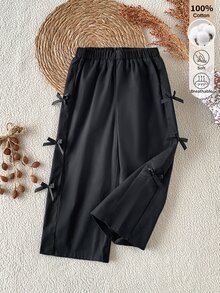 SHEIN 1件少女秋冬復古休閒黑色純棉布直筒寬腿長褲，側面飾有3D蝴蝶結，適合春秋日常外出 - 黑色 - 查看 4