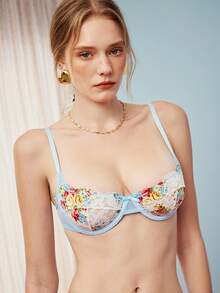 Elorette Women's Bow Decor Floral Lace Fashion Lingerie Set - Baby Blue - View 2