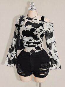 SHEIN ICON 女款大尺碼紮染印花假兩件式上衣 - 黑與白 - 查看 7