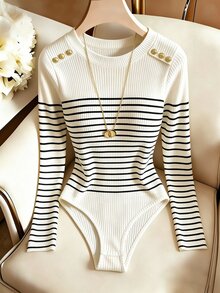 Franclia Women's Ribbed Ribbed Knit Bodysuit, Round Neck, Shoulder Button Decor, Long Sleeve, Slim Fit, Flattering Inner Layer Base Top - Black and White - View 3