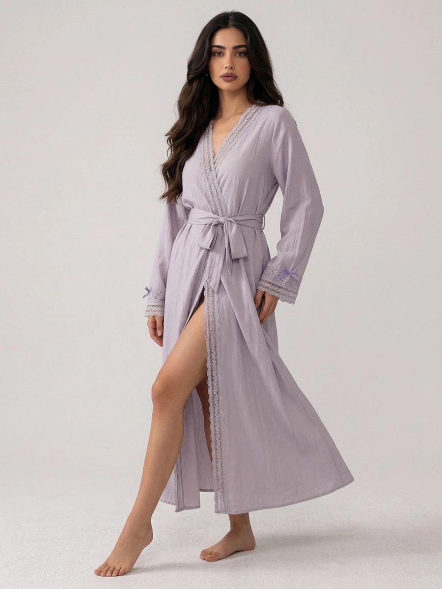 DAZY Women's Soft Lace Patchwork Comfortable Sleepwear Robe For Home Leisure - Purple - View 1